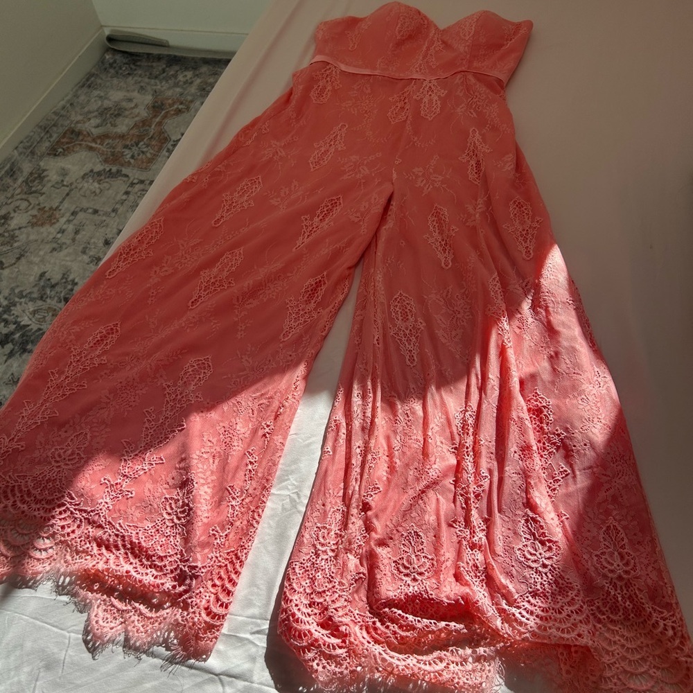 Chic Coral Lace Strapless Jumpsuit